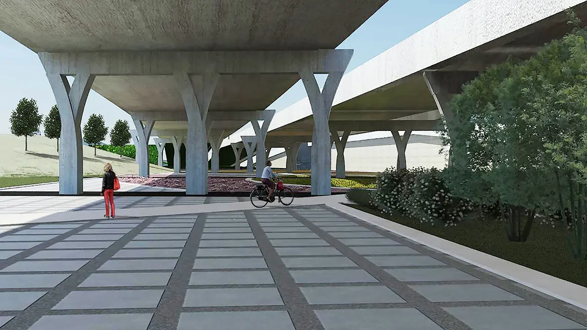 Rendering of landscape design feature under I-74 River Bridge