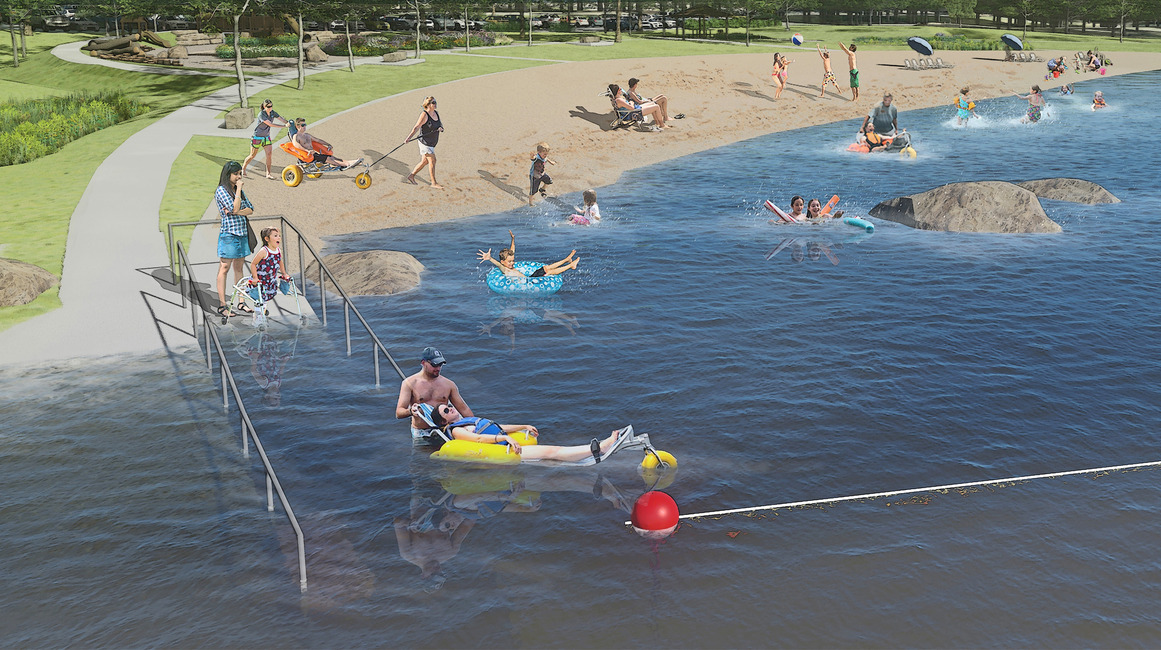 Rendering of people swimming with floating devices