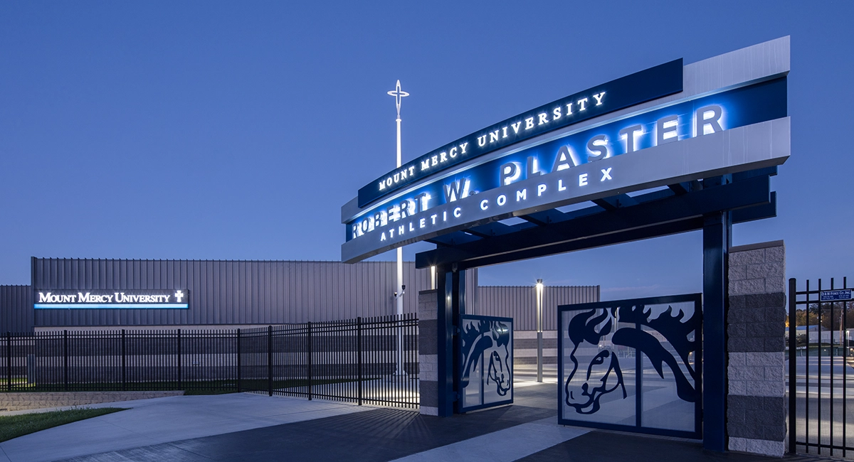 athletic facility entry signage with lighting