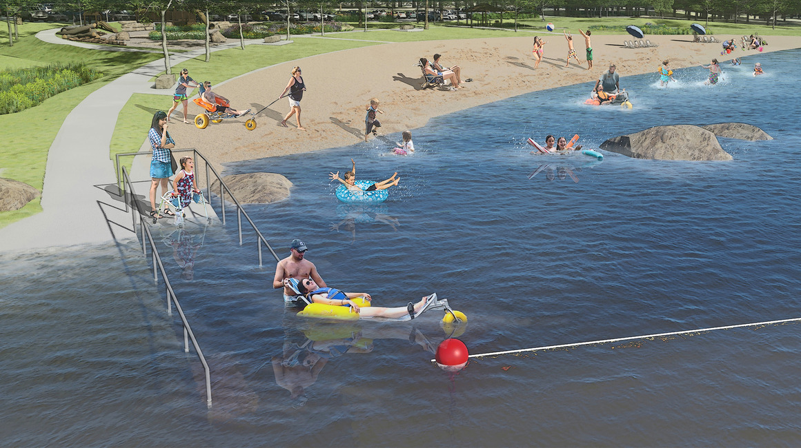 Rendering of people using the beach zero entry access with a concrete path that goes into the water with handrails. People are swimming with flotation devices, including adaptive devices. 