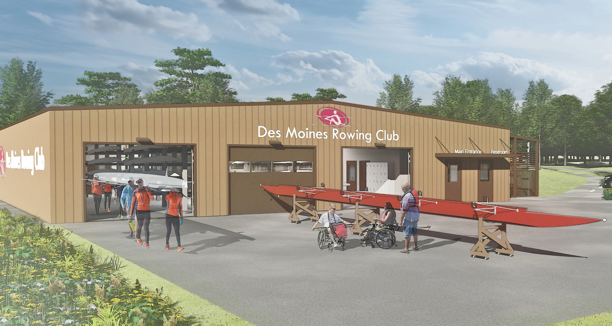 Des Moines Rowing Club building three large garage doors where boats will be stored. People are seen carrying a boat out the building, including a person in a wheelchair.