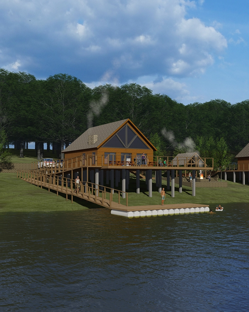 Cabins Group Arrangement with fire pits, ramp, dock and raised deck