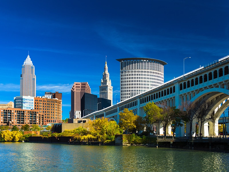 Ohio City, Cleveland skyline along riverbank