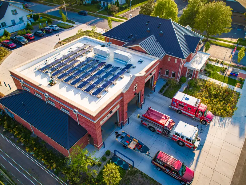 Drone image of Fire Station Rooftop Solar Panels