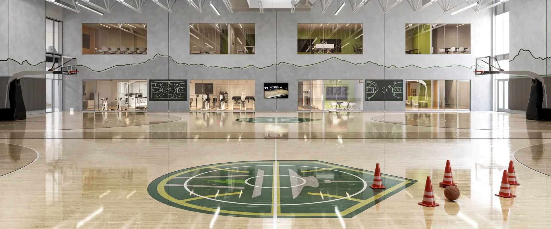 A rendering of an indoor basketball court.