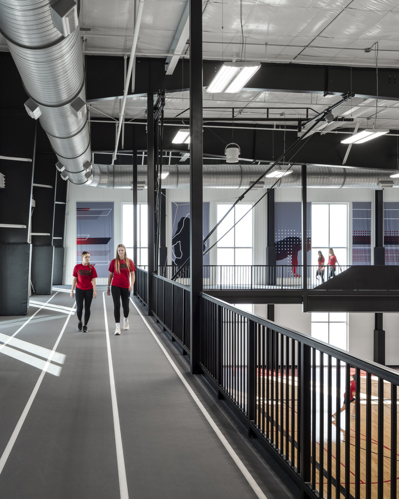 Students walking the indoor track at Blackhawk Student Center