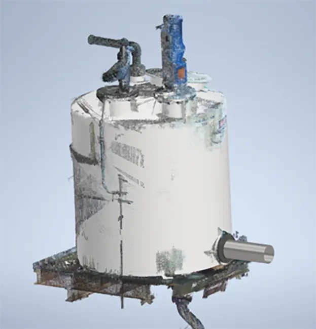 A partially rendered 3D scan of a vertical industrial tank with valves and piping connections.