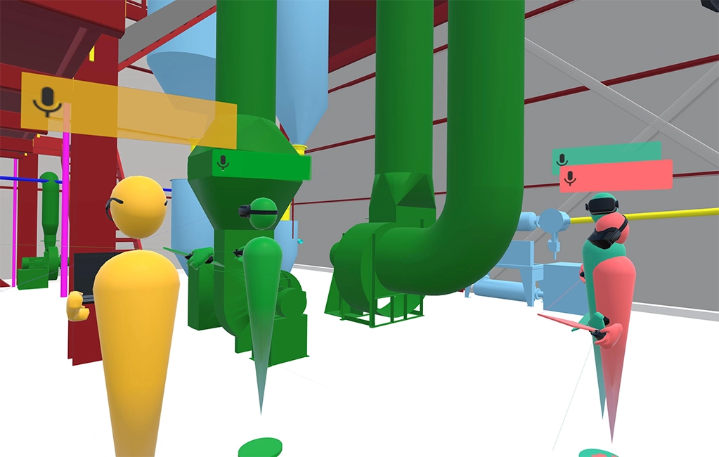 A virtual reality environment with colorful avatar figures reviewing large green mechanical equipment.