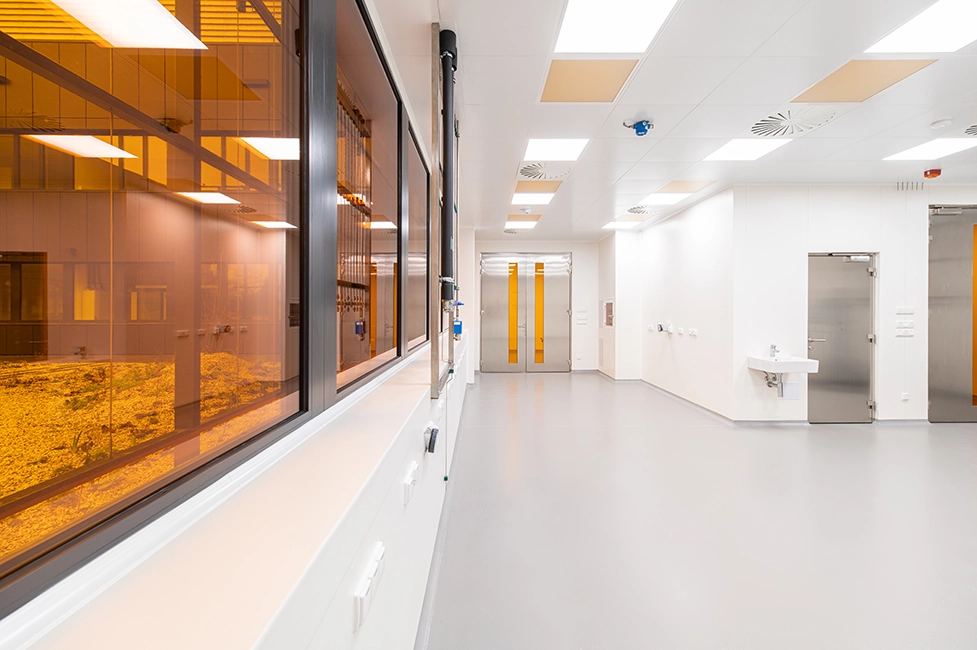 Bright cleanroom corridor with smooth flooring, controlled lighting, and sealed doors viewed through an interior window.