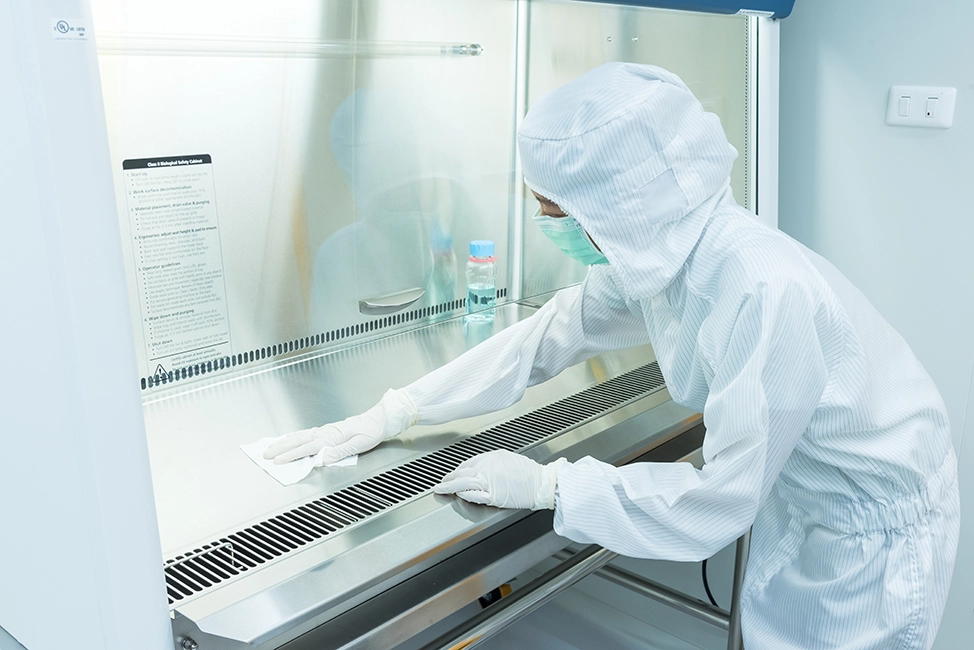 Person in full cleanroom attire wiping down a biosafety cabinet surface to maintain contamination‑free conditions.
