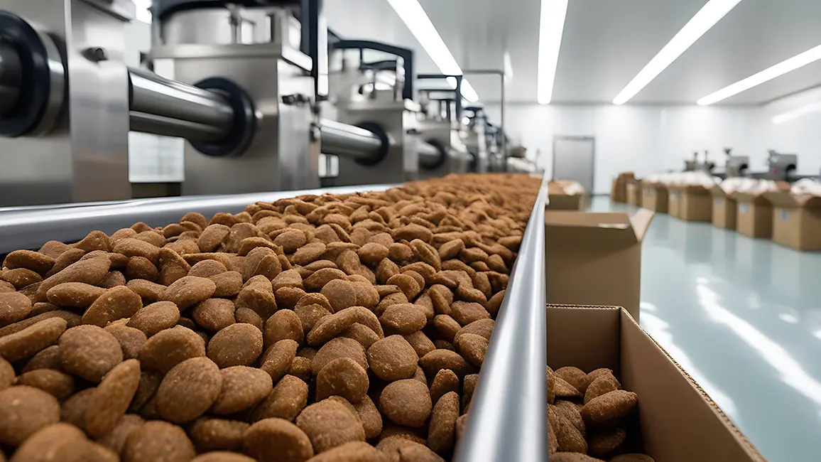 Brown pet treats travel along a conveyor belt through an automated packaging and processing area in a clean production facility.