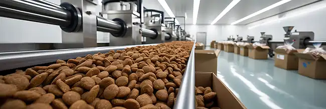Brown pet treats travel along a conveyor belt through an automated packaging and processing area in a clean production facility.
