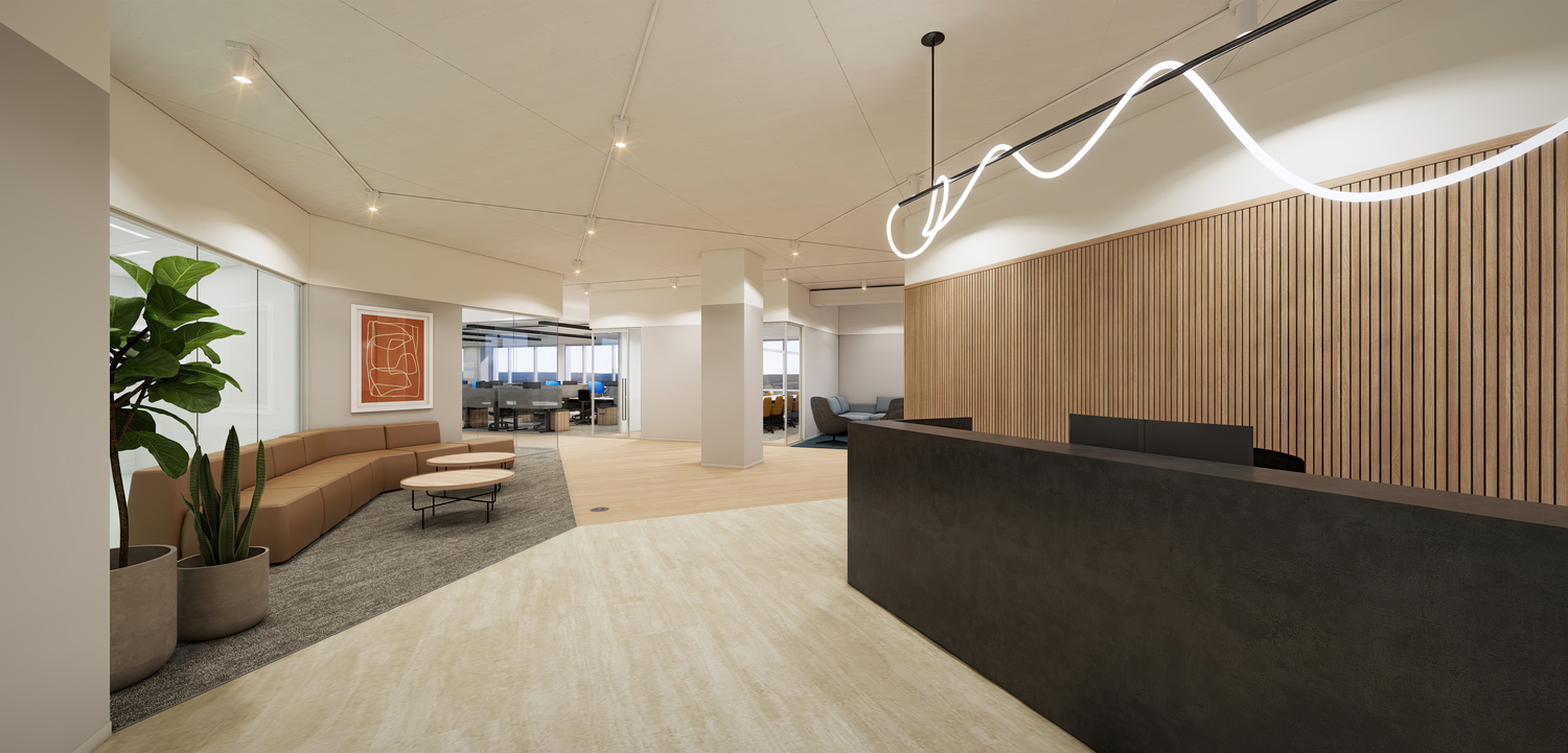 Spec suite reception with wood slat wall and lounge seating