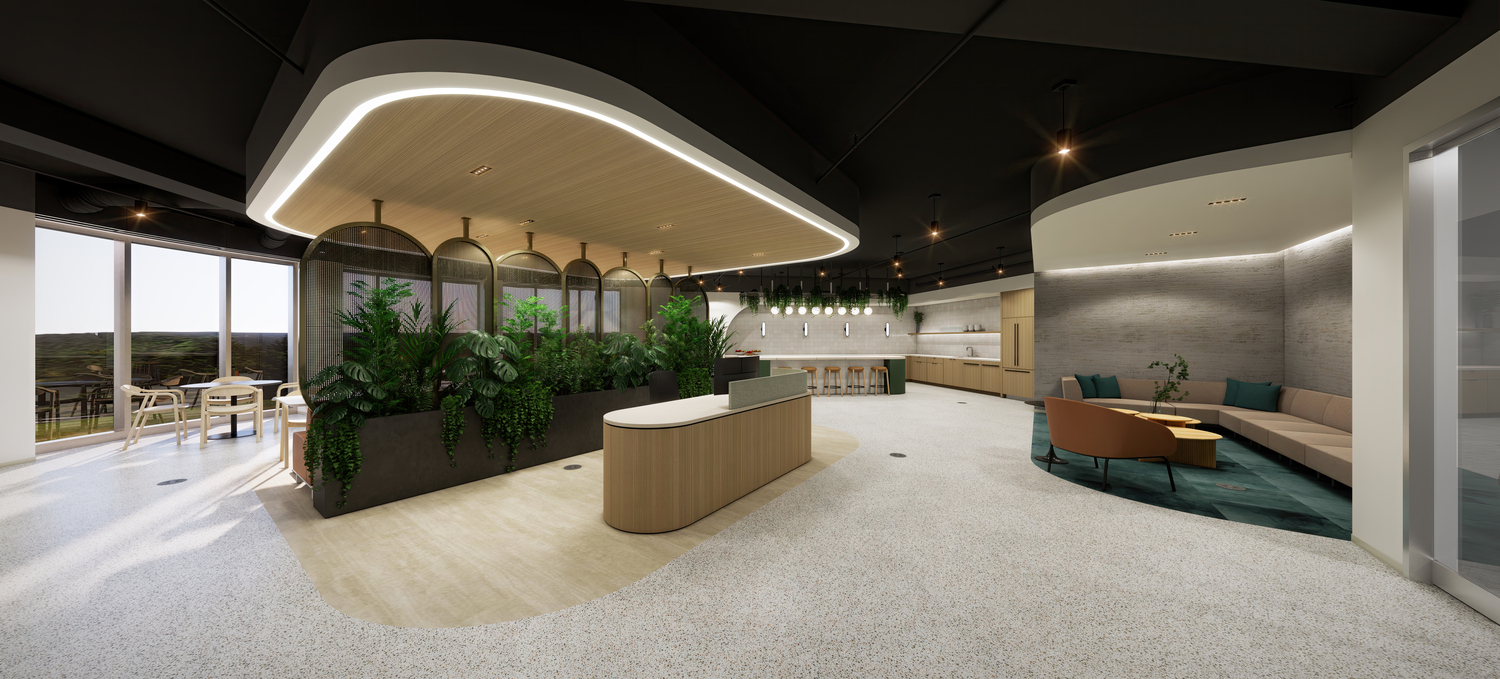 Spec suite build-out with lounge seating and planters